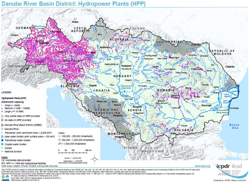 Mappa delle centrali idroelettriche sul fiume Danubio
