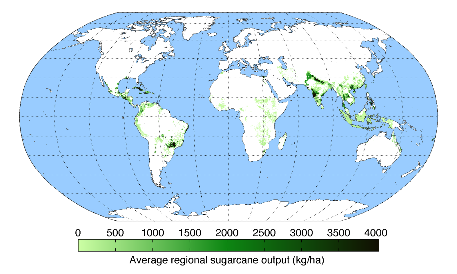 Distribuzione delle aree di produzione di zucchero di canna nel mondo 