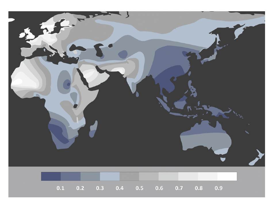 Frequenza del fenotipo LP a livello mondiale(colore bianco: frequenze alte di LP; colore blu: frequenze basse della LP)