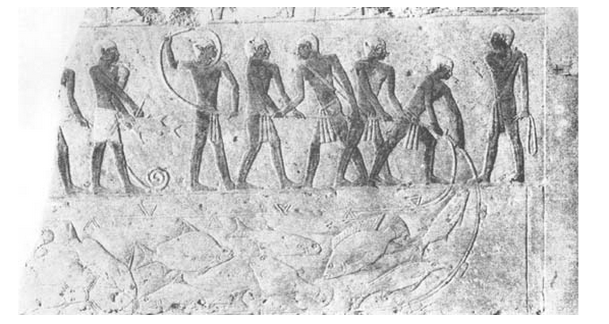 Bassorilievo sulla tomba di Aktihetep che mostra una rete da pesca sul Nilo (2500 a.C.)  
