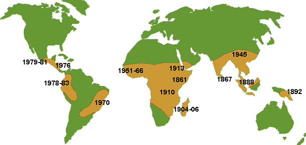 Distribuzione geografica e anni di incidenza delle epidemie di Hemileia vastatrix 
